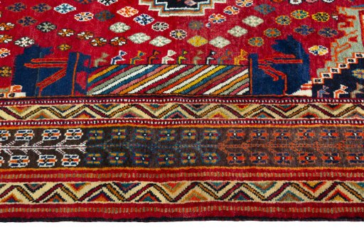 Full view of 2000s Shiraz rug from Iran / Persia, 248 × 163 cm in Red tones