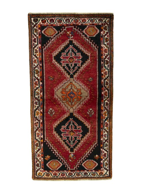 Full view of 2000s Shiraz rug from Iran / Persia, 162 × 82 cm in Red tones