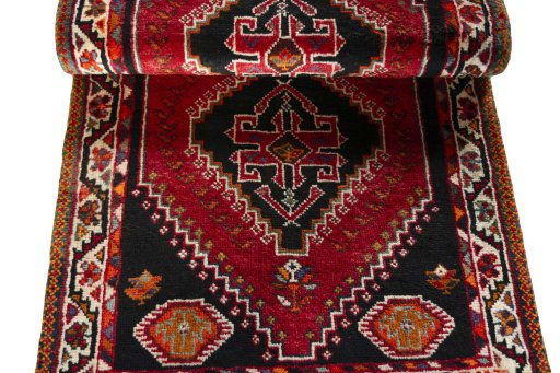 Full view of 2000s Shiraz rug from Iran / Persia, 162 × 82 cm in Red tones