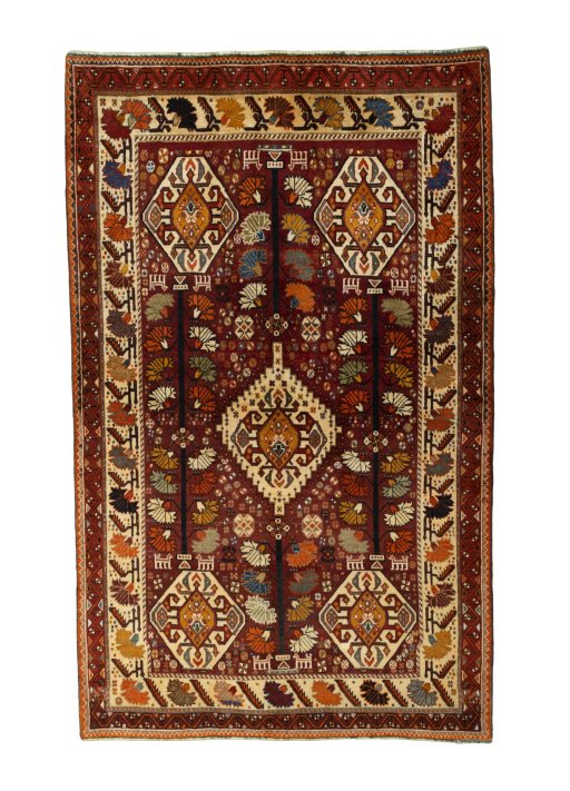 Full view of 2000s Shiraz rug from Iran / Persia, 250 × 155 cm in Red tones