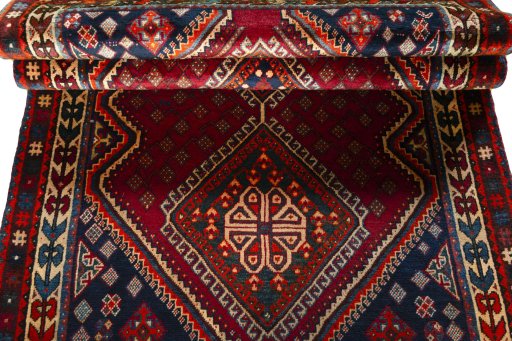 Full view of 2000s Shiraz rug from Iran / Persia, 222 × 120 cm in Red tones