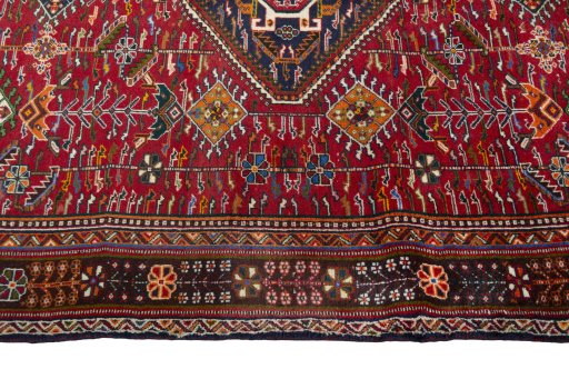 Full view of 2000s Shiraz rug from Iran / Persia, 242 × 156 cm in Red tones