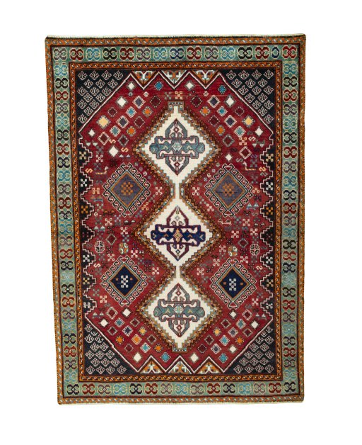 Full view of 2000s Shiraz rug from Iran / Persia, 200 × 139 cm in Red tones
