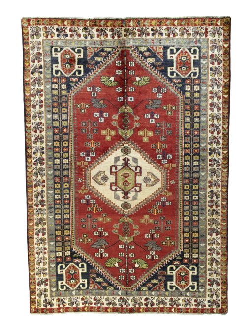 Full view of 2000s Shiraz rug from Iran / Persia, 290 × 202 cm in Red tones