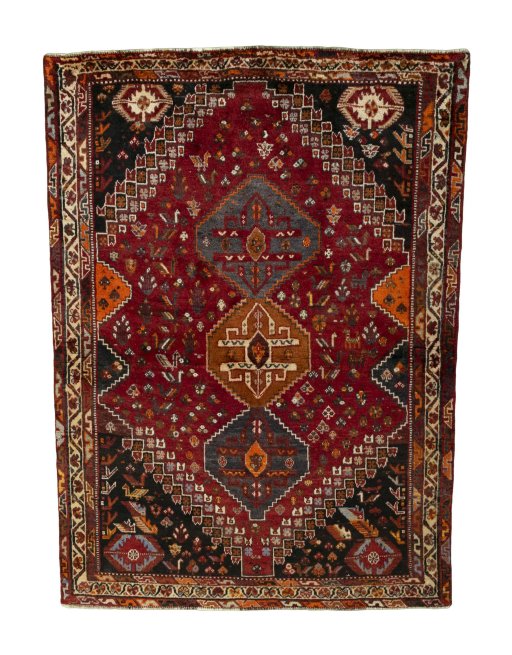 Full view of 2000s Shiraz rug from Iran / Persia, 165 × 120 cm in Red tones