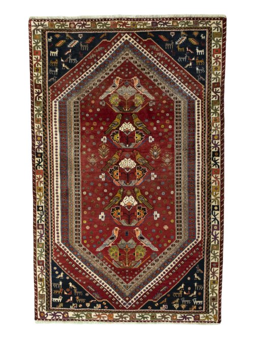 Full view of 2000s Shiraz rug from Iran / Persia, 240 × 153 cm in Red tones