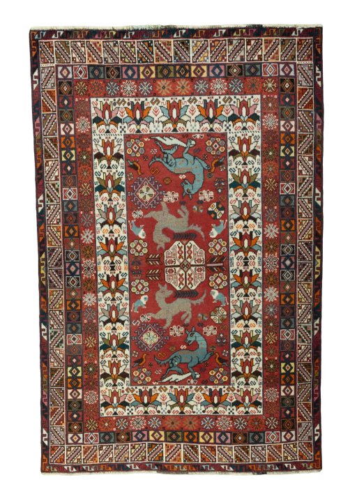 Full view of 2000s Shiraz rug from Iran / Persia, 200 × 128 cm in Red tones