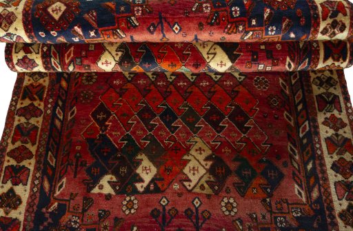 Full view of 2000s Shiraz rug from Iran / Persia, 215 × 115 cm in Red tones
