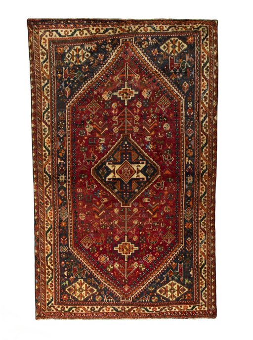Full view of 2000s Shiraz rug from Iran / Persia, 268 × 167 cm in Red tones
