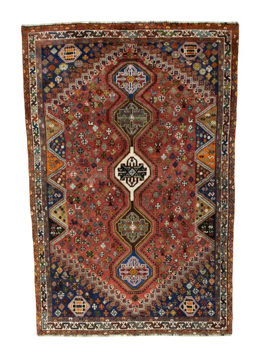 Full view of 2000s Shiraz rug from Iran / Persia, 243 × 160 cm in Red tones