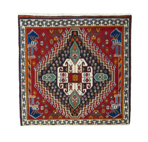 Full view of 2000s Shiraz rug from Iran / Persia, 63 × 66 cm in Red tones