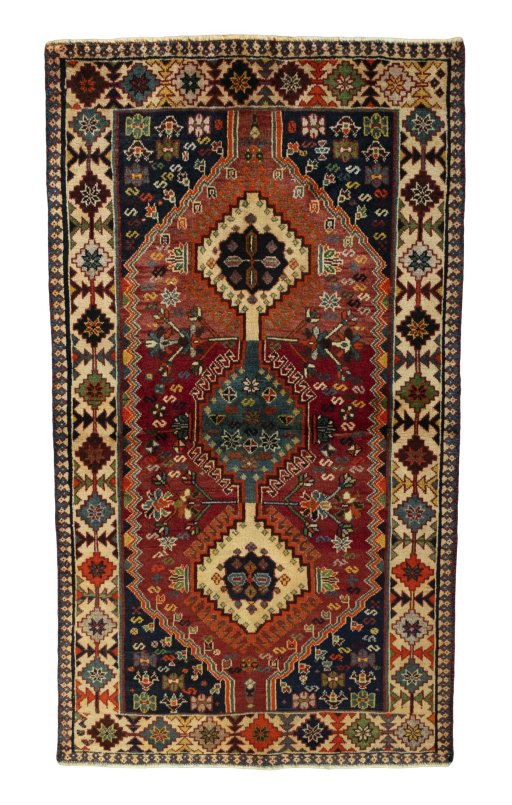 Full view of 2000s Shiraz rug from Iran / Persia, 210 × 120 cm in Red tones