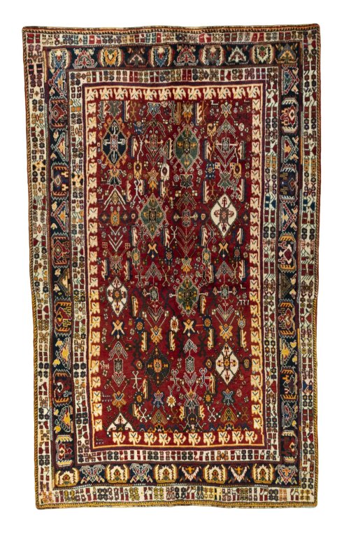 Full view of 2000s Shiraz rug from Iran / Persia, 260 × 159 cm in Red tones