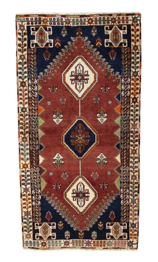 Full view of 2000s Shiraz rug from Iran / Persia, 192 × 100 cm in Red tones