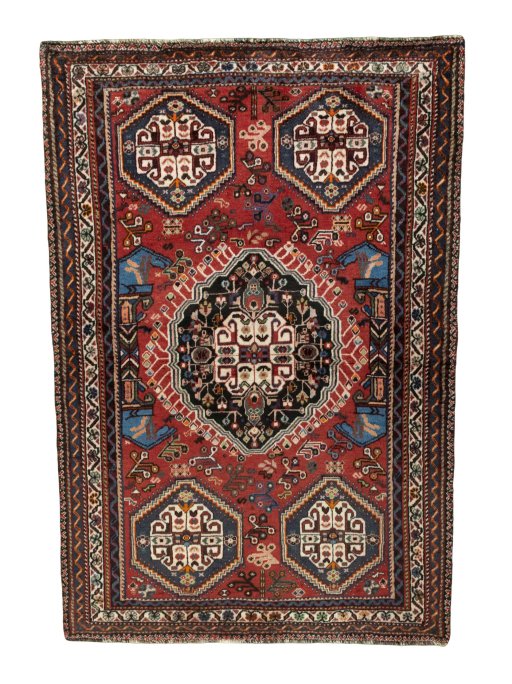 Full view of 2000s Shiraz rug from Iran / Persia, 168 × 115 cm in Red tones