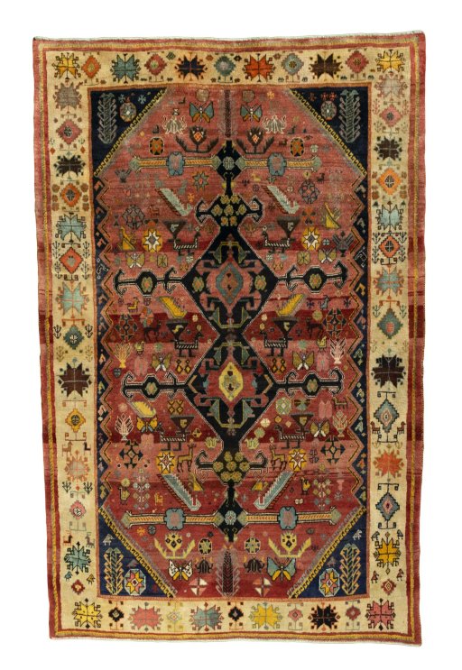 Full view of 2000s Shiraz rug from Iran / Persia, 233 × 156 cm in Red tones