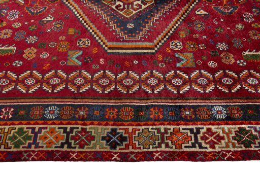 Full view of 2000s Shiraz rug from Iran / Persia, 261 × 173 cm in Red tones