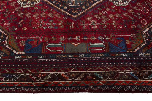 Full view of 1970s Shiraz rug from Iran / Persia, 257 × 175 cm in Red tones