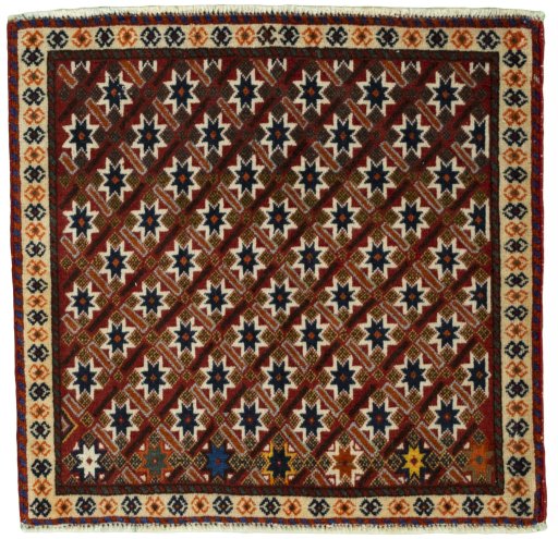 Full view of 2000s Shiraz rug from Iran / Persia, 62 × 65 cm in Red tones