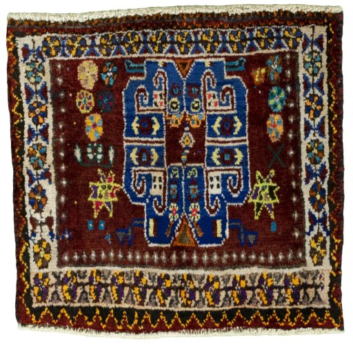 Full view of 2000s Shiraz rug from Iran / Persia, 46 × 48 cm in Red tones