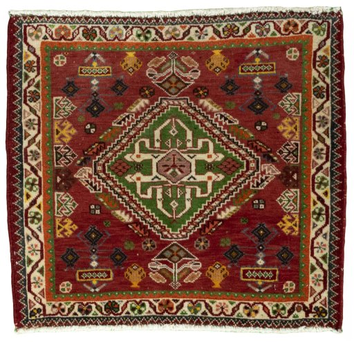 Full view of 2000s Shiraz rug from Iran / Persia, 53 × 60 cm in Red tones