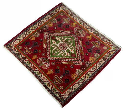 Corner detail of 2000s Shiraz rug showing border pattern and Wool pile