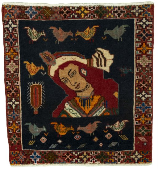 Full view of 2000s Shiraz rug from Iran / Persia, 55 × 53 cm in Red tones