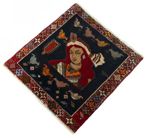 Corner detail of 2000s Shiraz rug showing border pattern and Wool pile