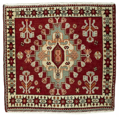 Full view of 2000s Shiraz rug from Iran / Persia, 65 × 68 cm in Red tones