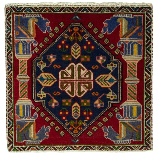 Full view of 2000s Shiraz rug from Iran / Persia, 57 × 57 cm in Red tones