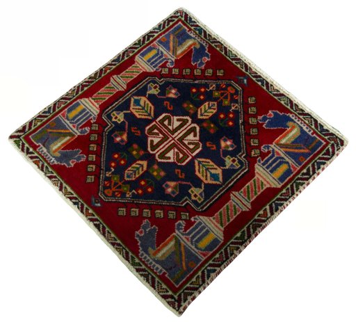 Corner detail of 2000s Shiraz rug showing border pattern and Wool pile
