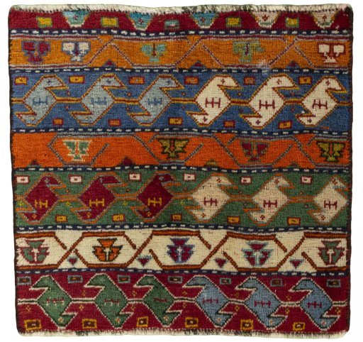 Full view of 2000s Shiraz rug from Iran / Persia, 52 × 55 cm in Red tones