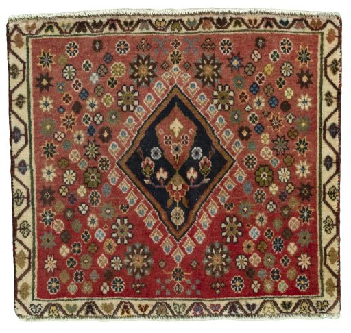 Full view of 2000s Shiraz rug from Iran / Persia, 54 × 60 cm in Red tones