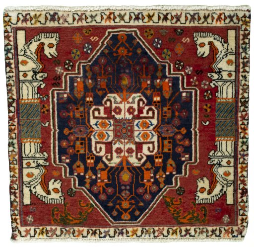 Full view of 2000s Shiraz rug from Iran / Persia, 63 × 65 cm in Red tones