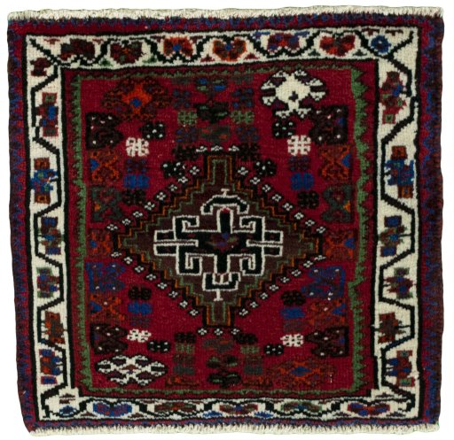 Full view of 2000s Shiraz rug from Iran / Persia, 50 × 50 cm in Red tones