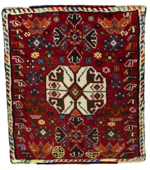 Full view of 2000s Shiraz rug from Iran / Persia, 63 × 57 cm in Red tones