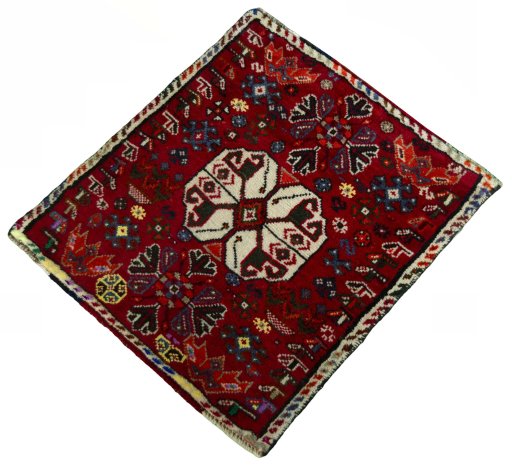 Corner detail of 2000s Shiraz rug showing border pattern and Wool pile