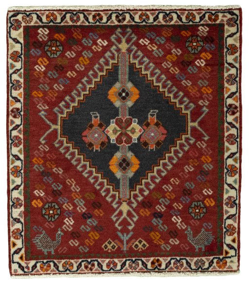 Full view of 2000s Shiraz rug from Iran / Persia, 71 × 63 cm in Red tones