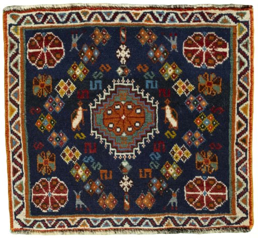 Full view of 2000s Shiraz rug from Iran / Persia, 50 × 56 cm in Red tones