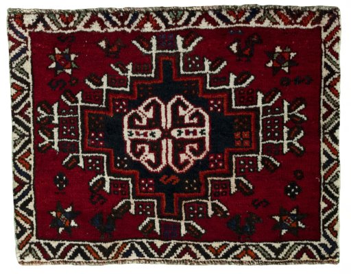 Full view of 2000s Shiraz rug from Iran / Persia, 54 × 70 cm in Red tones