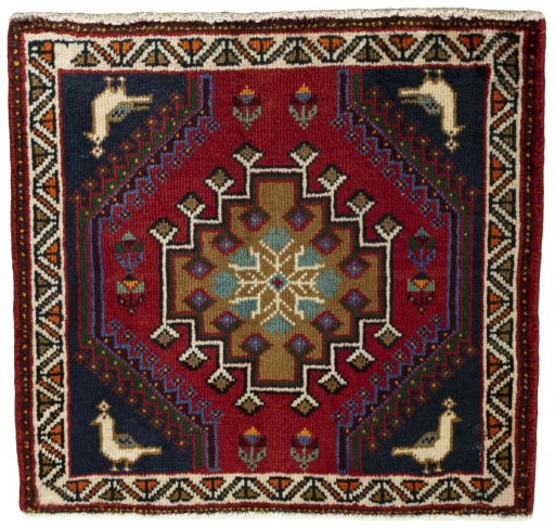 Full view of 2000s Shiraz rug from Iran / Persia, 60 × 63 cm in Red tones