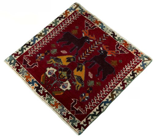 Corner detail of 2000s Shiraz rug showing border pattern and Wool pile