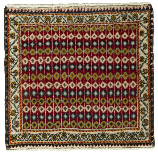 Full view of 2000s Shiraz rug from Iran / Persia, 50 × 52 cm in Red tones
