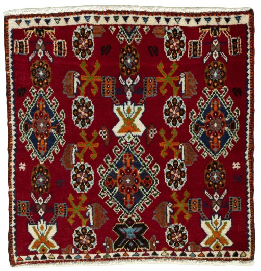 Full view of 2000s Shiraz rug from Iran / Persia, 64 × 63 cm in Red tones