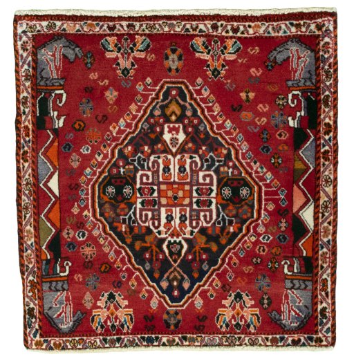 Full view of 2000s Shiraz rug from Iran / Persia, 70 × 68 cm in Red tones