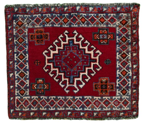 Full view of 2000s Shiraz rug from Iran / Persia, 54 × 63 cm in Red tones