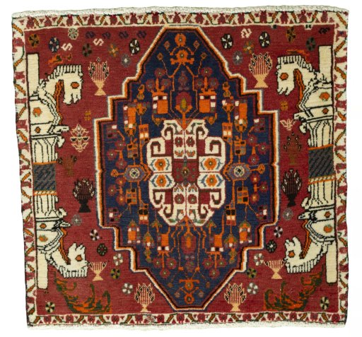 Full view of 2000s Shiraz rug from Iran / Persia, 66 × 69 cm in Red tones