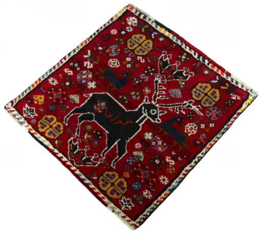 Corner detail of 2000s Shiraz rug showing border pattern and Wool pile