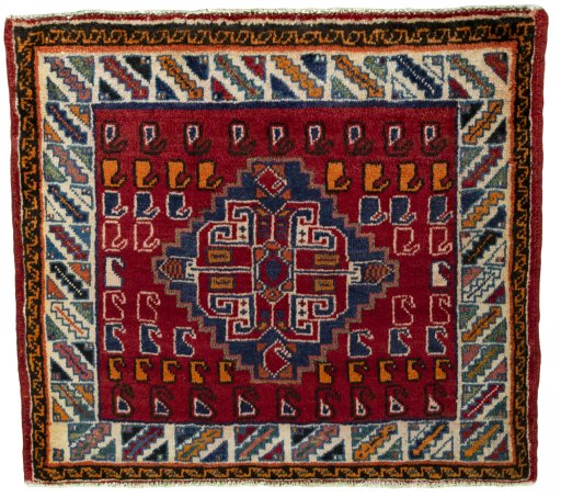Full view of 2000s Shiraz rug from Iran / Persia, 68 × 77 cm in Red tones
