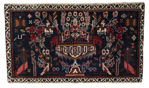 Full view of 2000s Shiraz rug from Iran / Persia, 51 × 90 cm in Multi Color tones